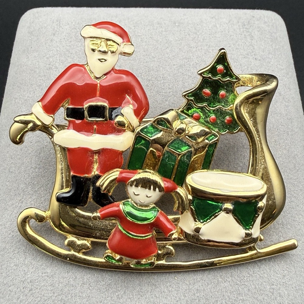 Vintage Hallmark Santa Sleigh Christmas Brooch 5 Removable Charms Holiday Pin
